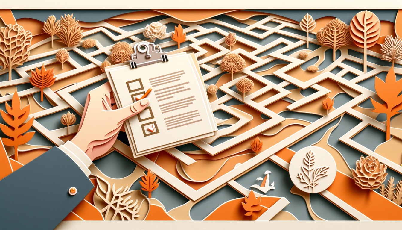 Eine Hand hält eine Checkliste über ein Labyrinth mit Bäumen und Blättern in warmen Herbstfarben.