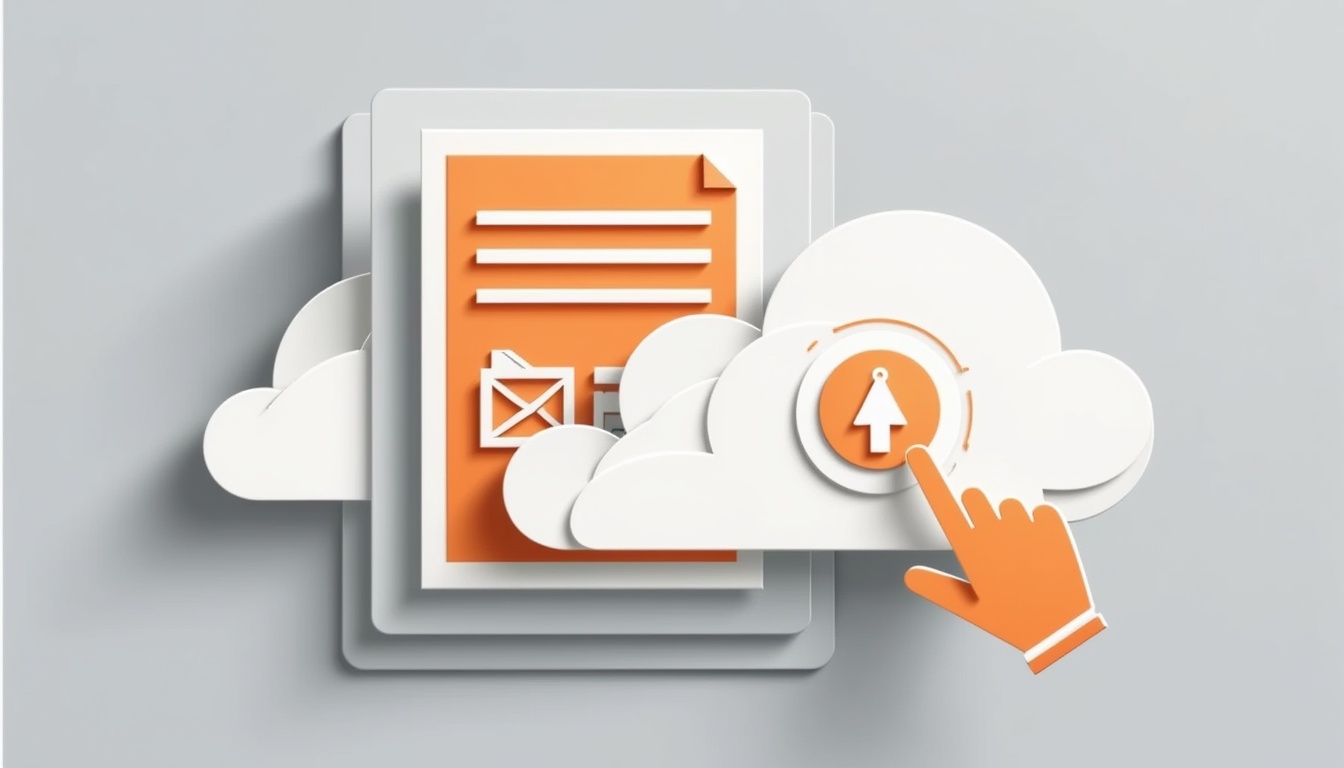 3D-Illustration von Wolken, einem Dokument und einer Hand, die auf eine Upload-Schaltfläche klickt, als Symbol für Cloud-Speicher.