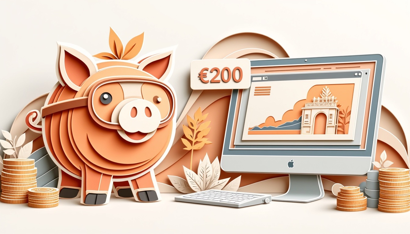 Ein Sparschwein und ein Computer mit 200-Euro-Schild, Münzen und Finanzgrafiken im Scherenschnitt-Stil.