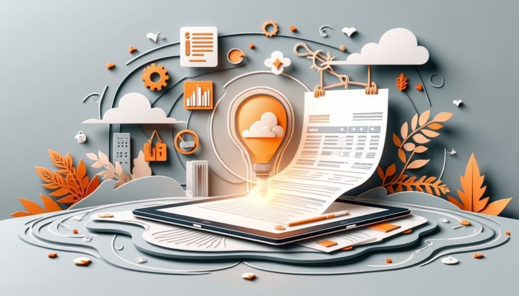 Papier, Tablet und Glühbirne mit digitalen Symbolen, Zahnrädern und Diagrammen in einer orange-grauen Szene eines kreativen Arbeitsbereichs.