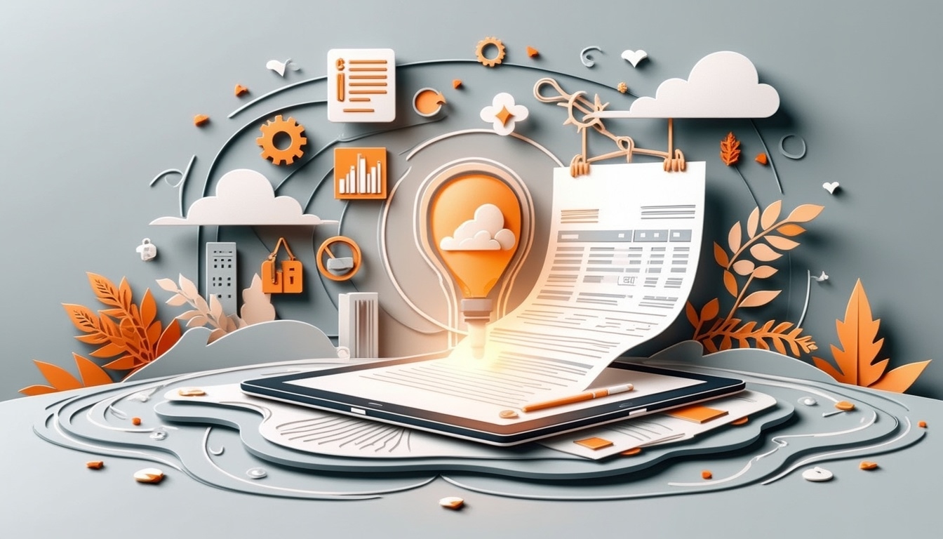 Papier, Tablet und Glühbirne mit digitalen Symbolen, Zahnrädern und Diagrammen in einer orange-grauen Szene eines kreativen Arbeitsbereichs.