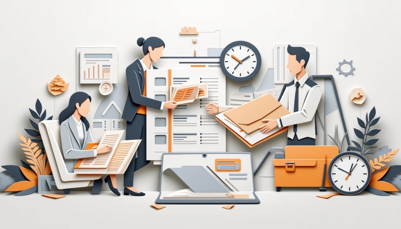 Illustration von Büroangestellten, die Akten und Dokumente mit Uhren und Ordnern in einem modernen Arbeitsbereich organisieren.