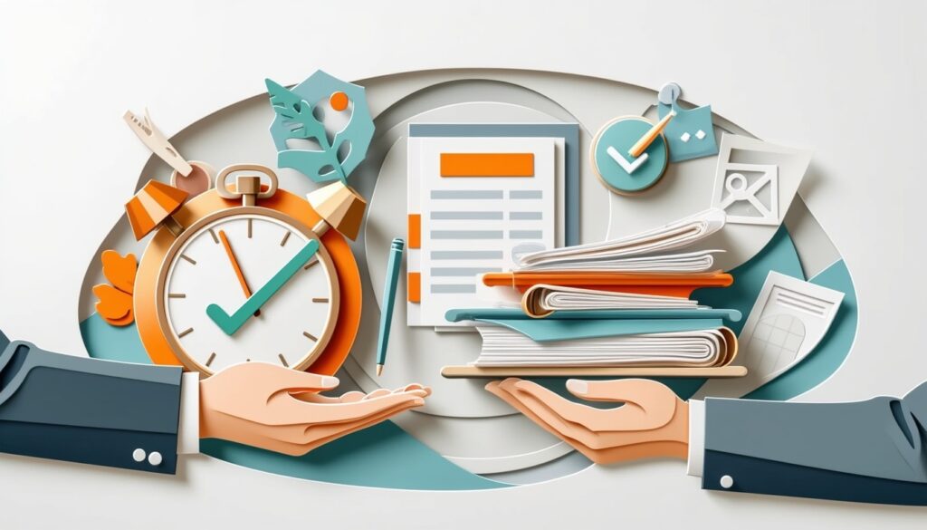 Zwei Hände tauschen Dokumente, Bücher und eine Uhr aus und symbolisieren so Zeitmanagement und Organisation.