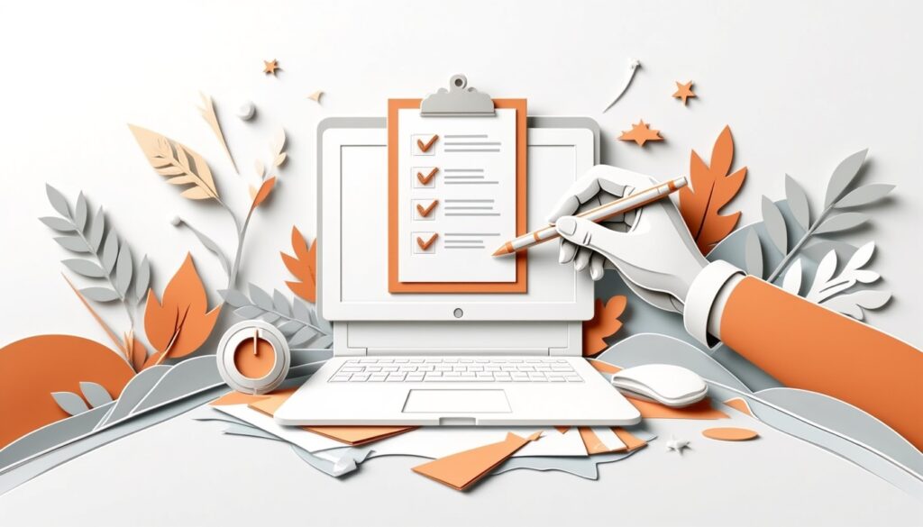 Illustration einer Checkliste auf einem Laptop-Bildschirm, mit einer Hand, die einen Stift hält, und Herbstblättern im Hintergrund.