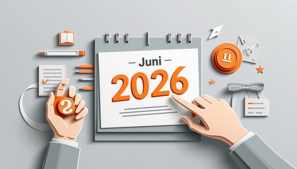 Ein Kalender zeigt "Juni 2026" mit zeigenden Zeigern, umgeben von verschiedenen Bürosymbolen in Grau und Orange.