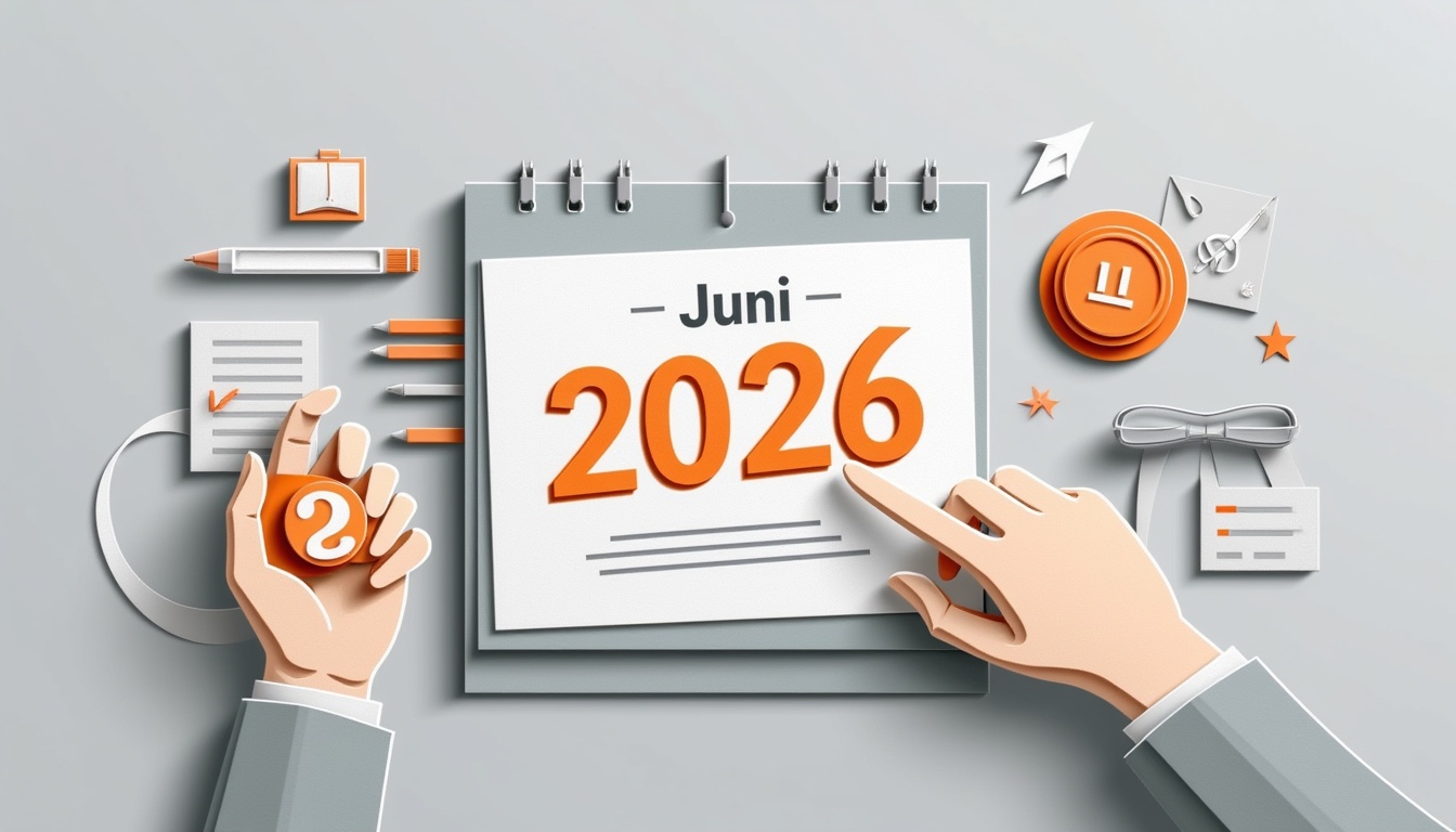 Ein Kalender zeigt "Juni 2026" mit zeigenden Zeigern, umgeben von verschiedenen Bürosymbolen in Grau und Orange.